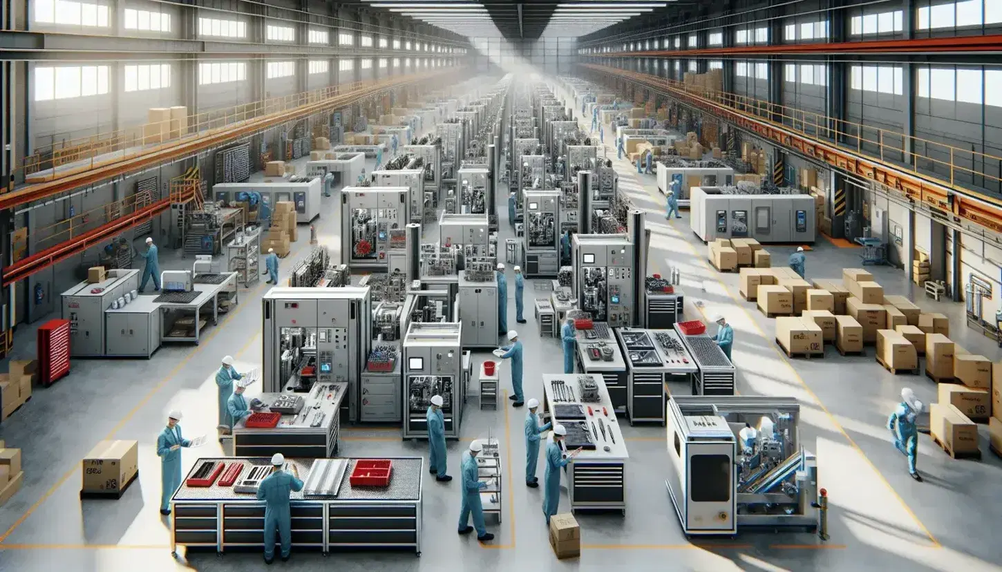 Vista aérea de planta industrial con estaciones de trabajo lineales, maquinaria automatizada, operarios en uniforme y estanterías con materiales organizados.