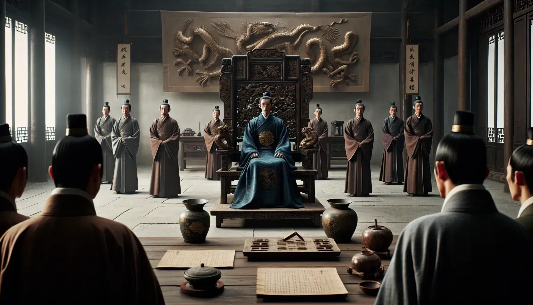 Traditional Chinese courtroom scene with a high-ranking official in blue silk robe seated on a dragon-carved chair, flanked by attentive subjects.