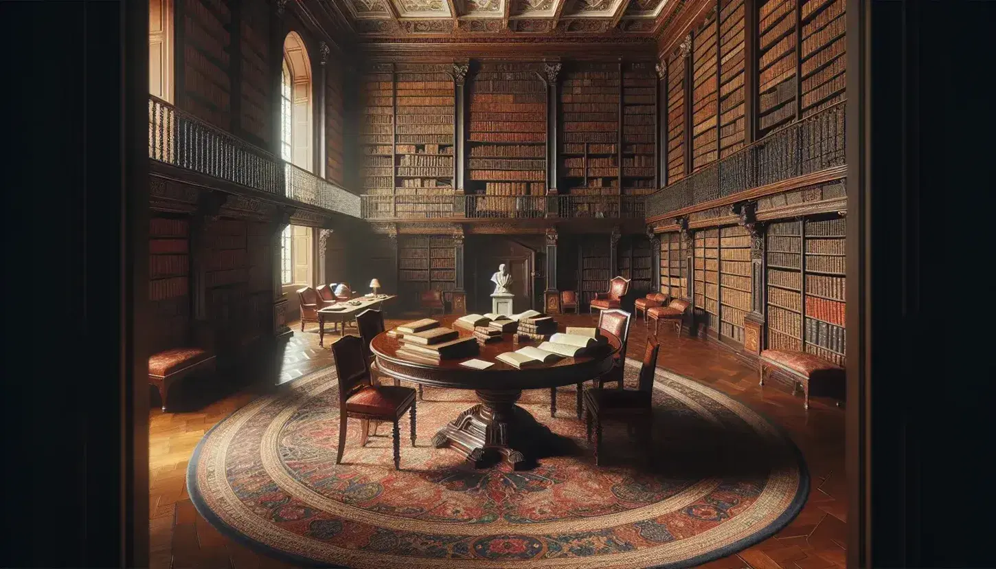 Biblioteca storica con scaffali in legno scuro pieni di libri rilegati, tavolo ovale centrale, sedie antiche e tappeto persiano.