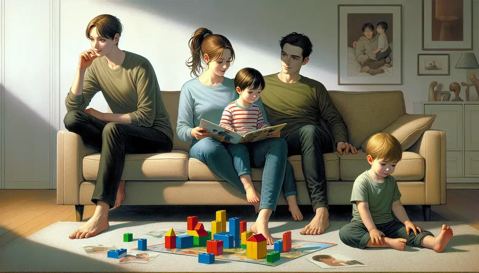 Familia disfrutando tiempo juntos en casa, madre leyendo a niño pequeño en sofá, padre apoyado y otro hijo jugando con bloques de colores.
