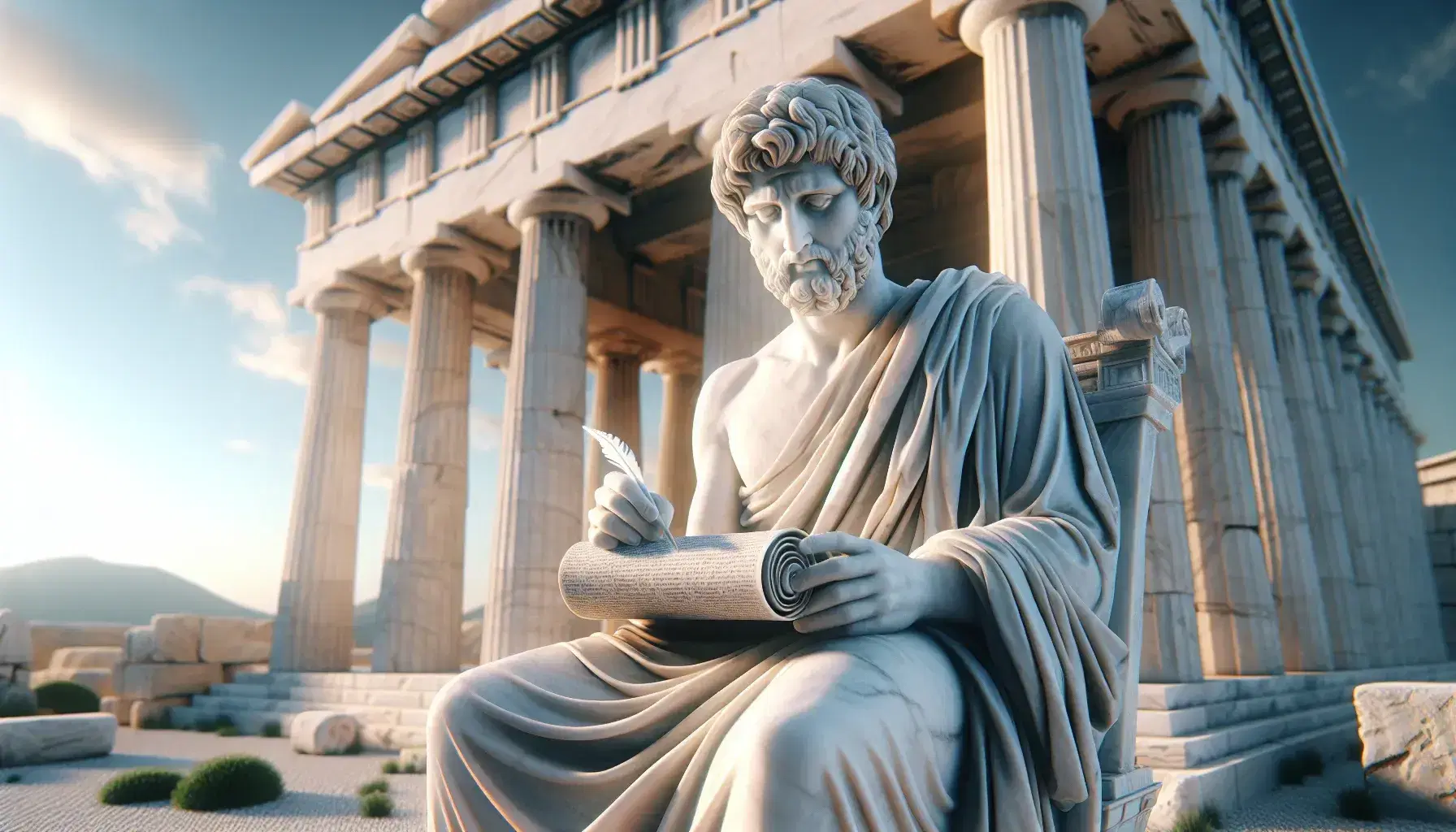 Estatua de mármol blanco de autor clásico con papiro y pluma en templo antiguo, entre columnas dóricas bajo cielo azul.