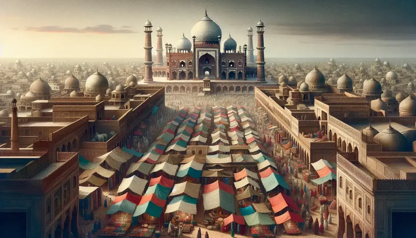 Panoramic Mughal-era cityscape with vibrant bazaar, traditional red sandstone buildings, and a prominent white marble domed monument against a blue sky.