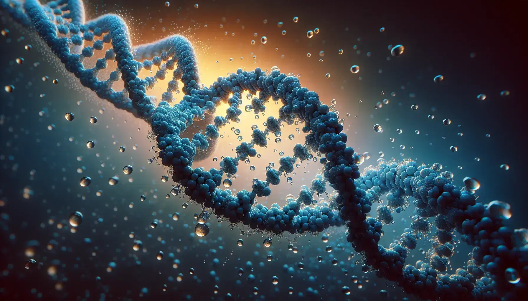 Close-up view of a double helix RNA-like structure with a blue gradient, set against a warm orange to yellow gradient background with refractive water droplets.