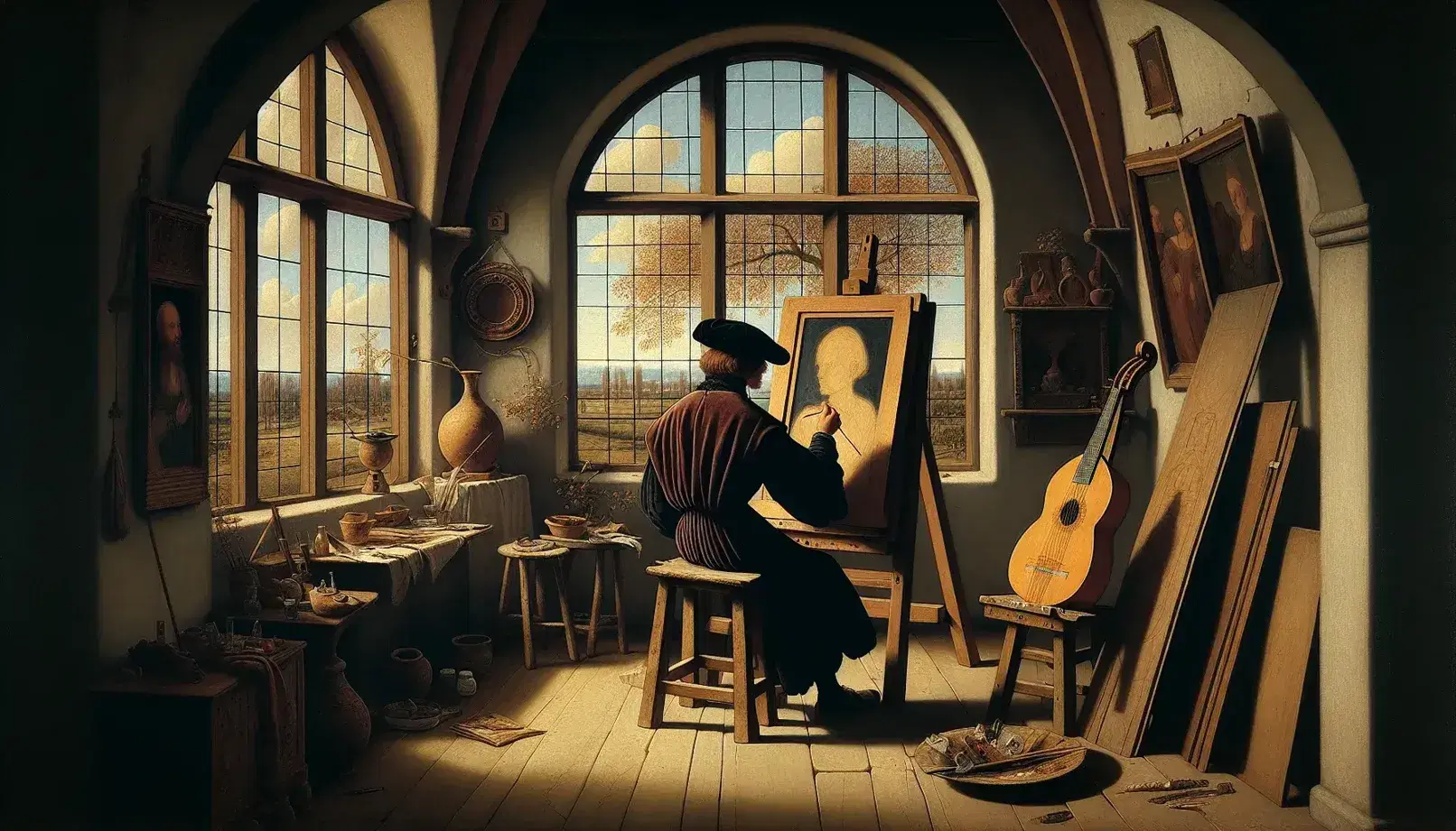 Renaissance artist's studio painting with a seated painter at an easel, arched window with landscape view, lute, globe, and bookshelf with leather-bound books.