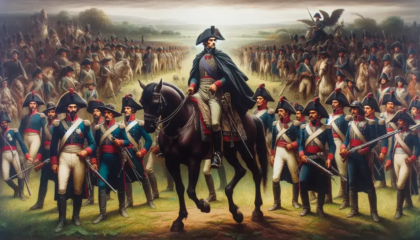 Grupo de figuras en uniformes de época de las guerras de independencia latinoamericanas con líder a caballo en el centro, rodeado de soldados con fusiles y bayonetas en paisaje campestre.