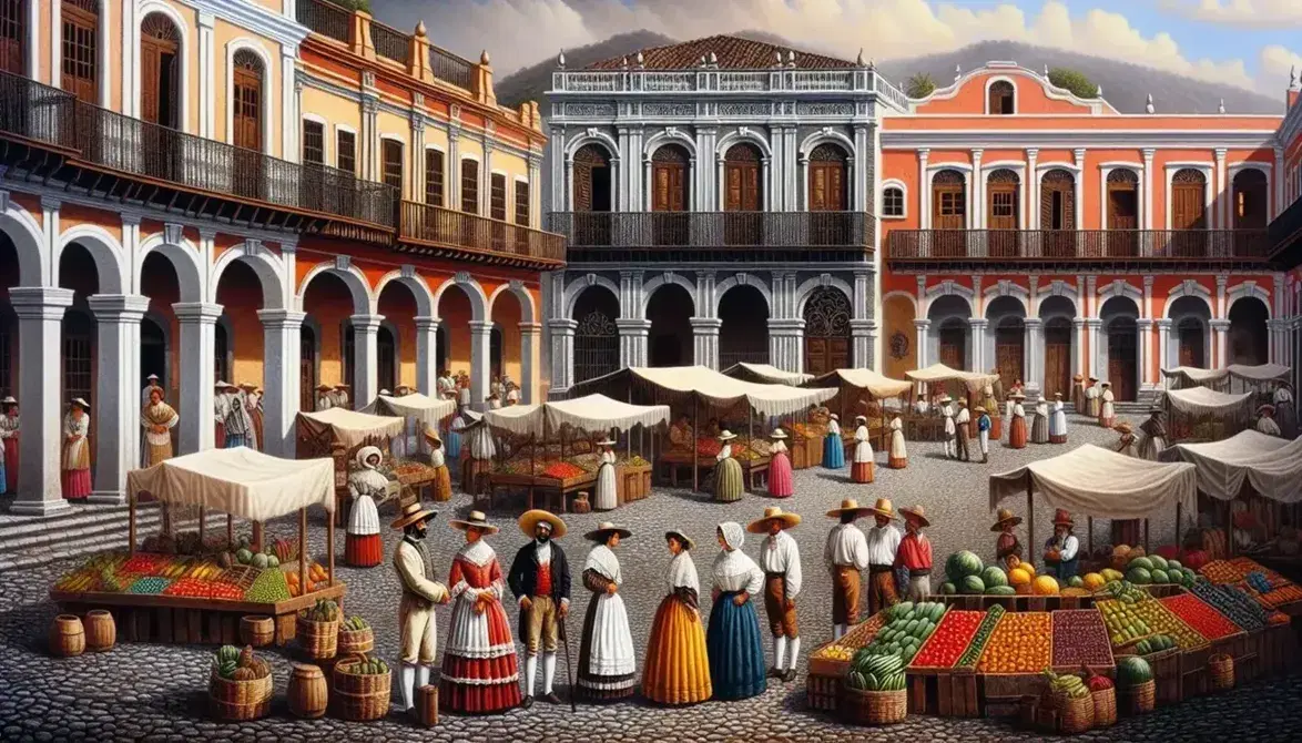 Escena cotidiana en la plaza de un virreinato de la Nueva España, con edificios coloniales, mercado colorido y gente en vestimenta de época.