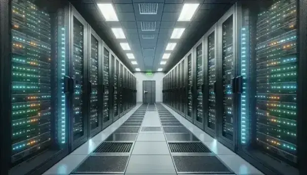 Centro dati moderno con corridoio illuminato, armadi rack server neri, luci fluorescenti fredde e pavimento tecnico grigio scuro.
