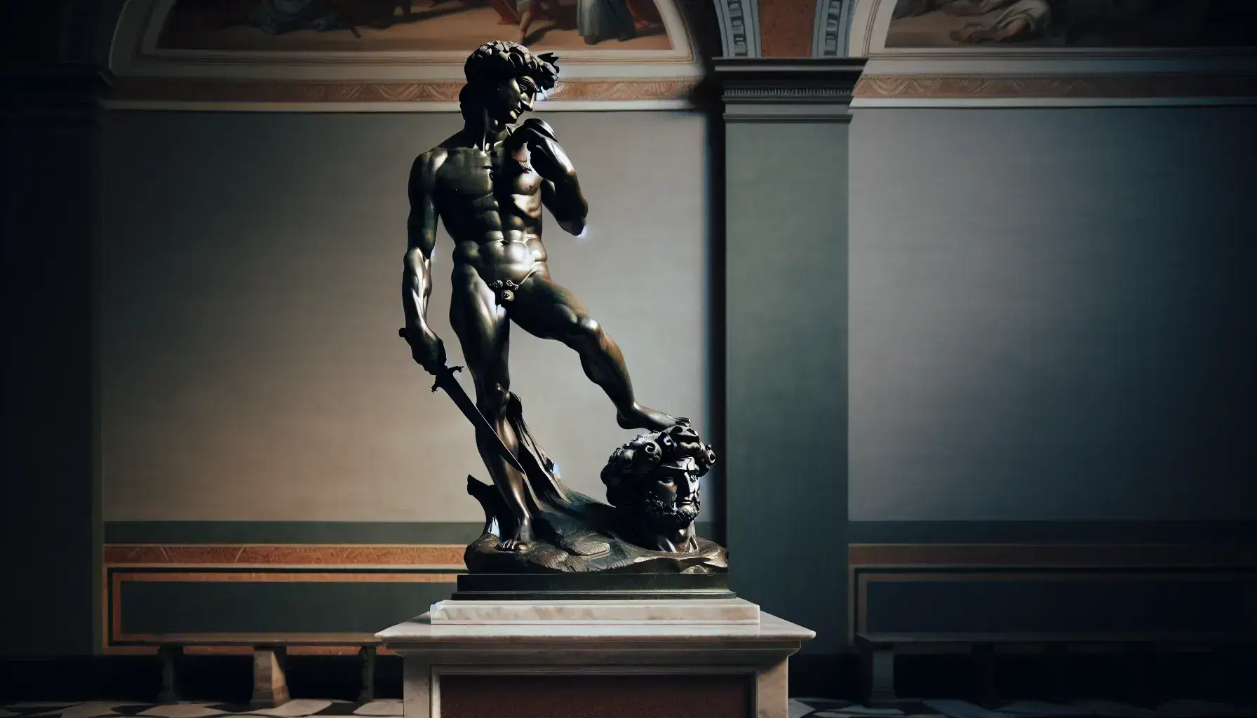 Statua in bronzo di David di Donatello con cappello piumato, spada in mano e piede su testa di Golia, su piedistallo di marmo in galleria d'arte.