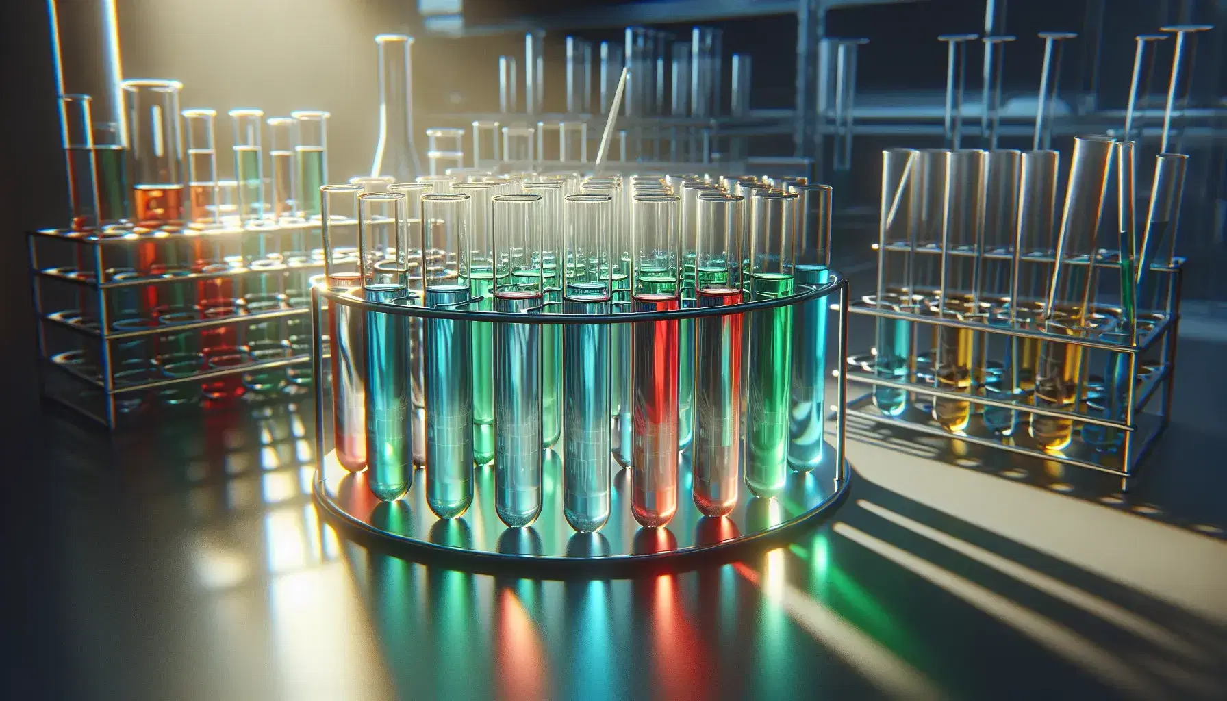 Primer plano de tubos de ensayo con líquidos de colores azul, verde, rojo y amarillo en soporte metálico, con material de laboratorio desenfocado al fondo.