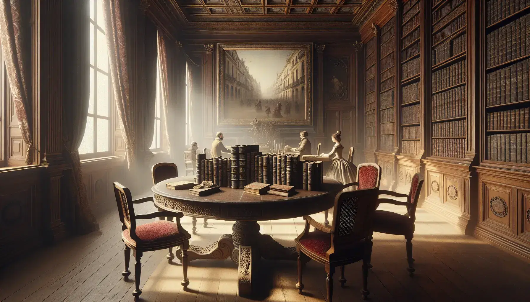Salón del siglo XIX en España con mesa redonda de madera oscura, sillas de terciopelo rojo, ventana con cortinas brocadas y cuadro de escena callejera, acompañados de una pareja en trajes de época.