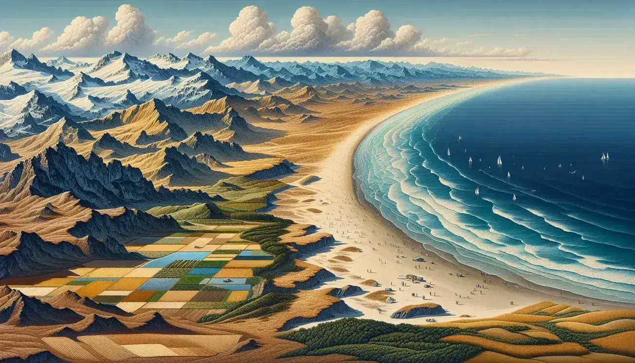 Paisaje diverso en España con playa de arena dorada, mar azul, costa rocosa, montañas nevadas y campos agrícolas bajo un cielo despejado.