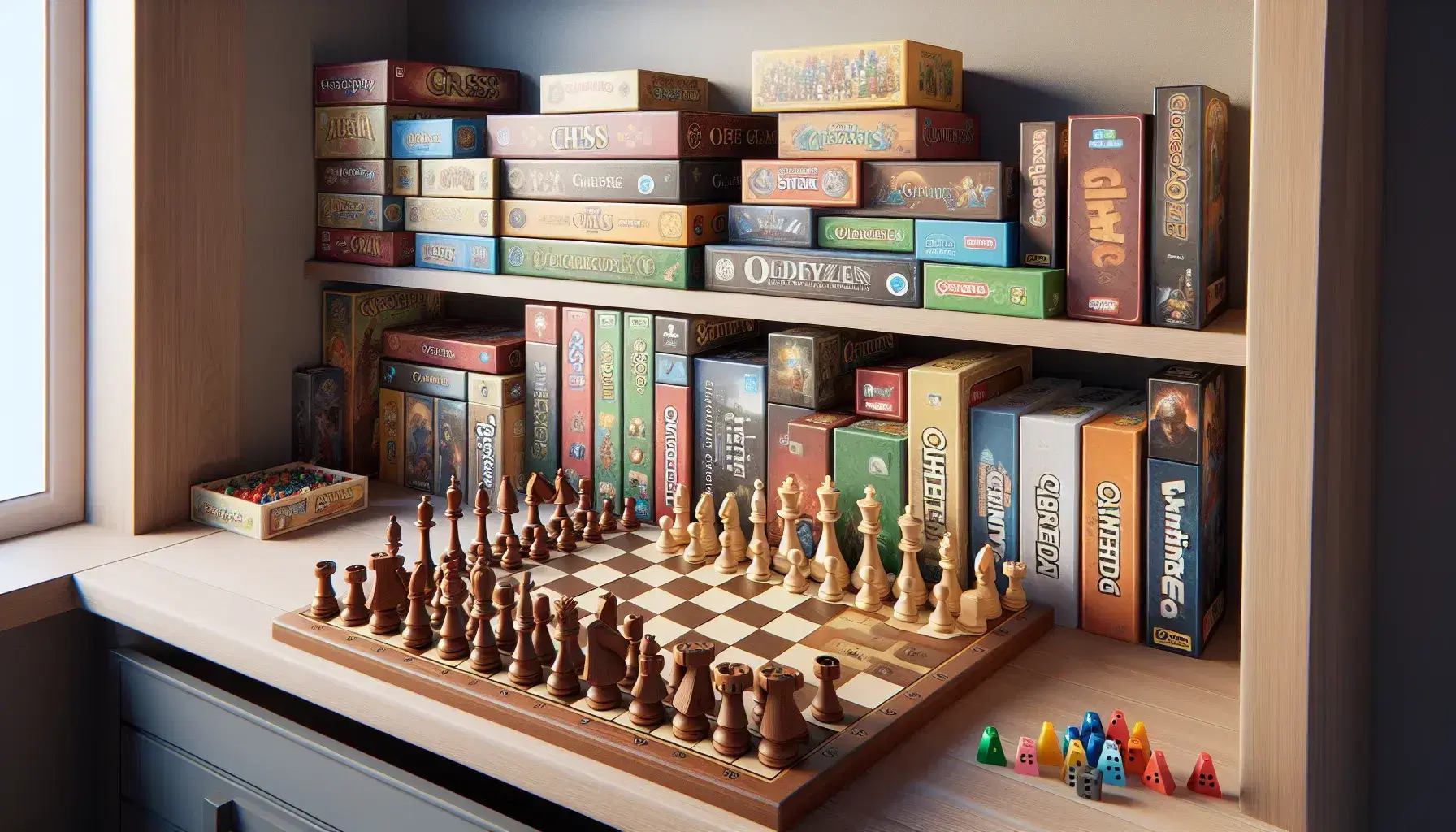 Neatly organized shelf with a detailed wooden chess set in starting position, colorful strategy game box with plastic tokens, and assorted board games with dice and figurines.