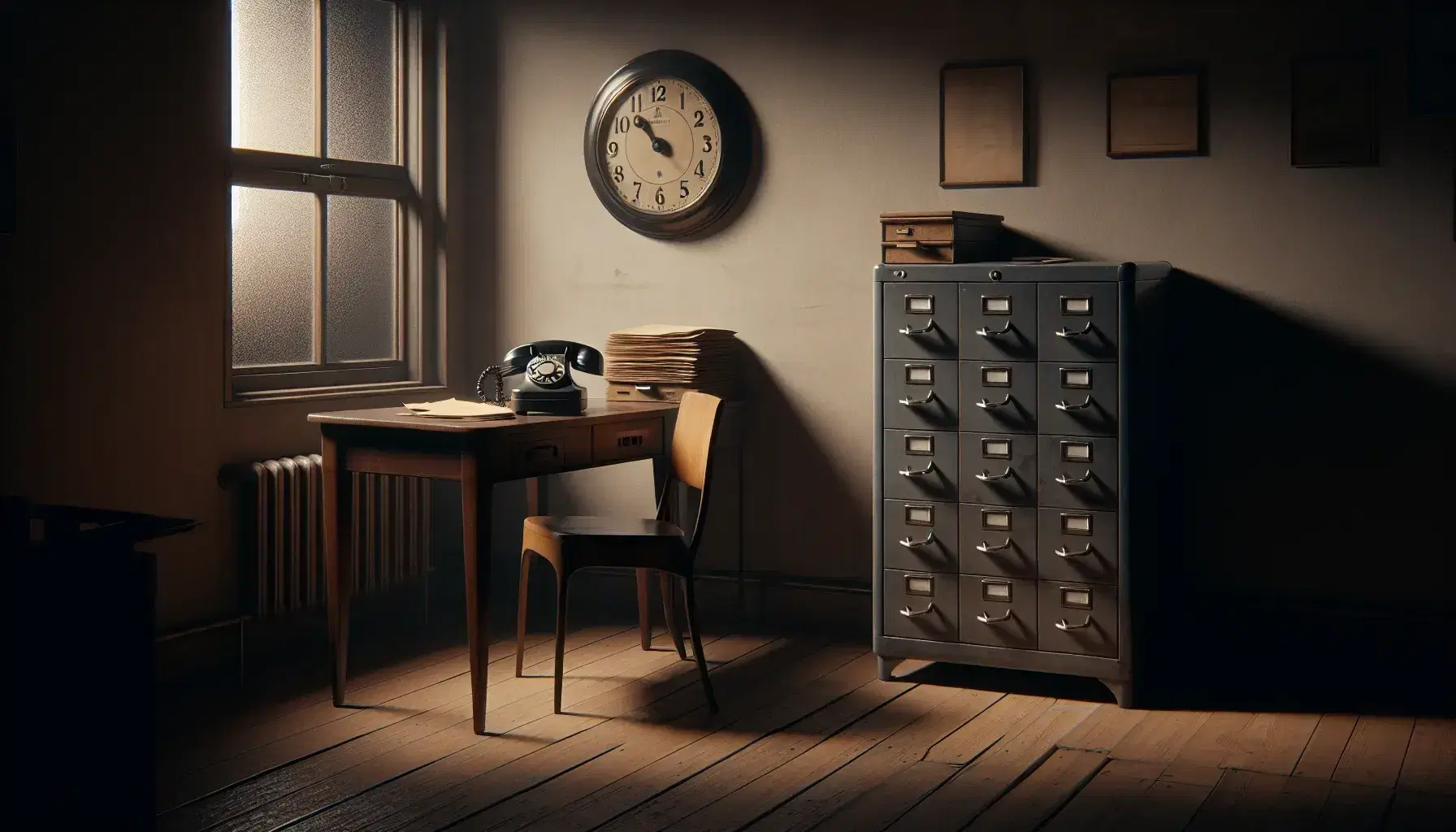 Vintage rotary dial telephone on a wooden table with a manila folder, beside a metal filing cabinet and a wooden chair in a dimly lit room.