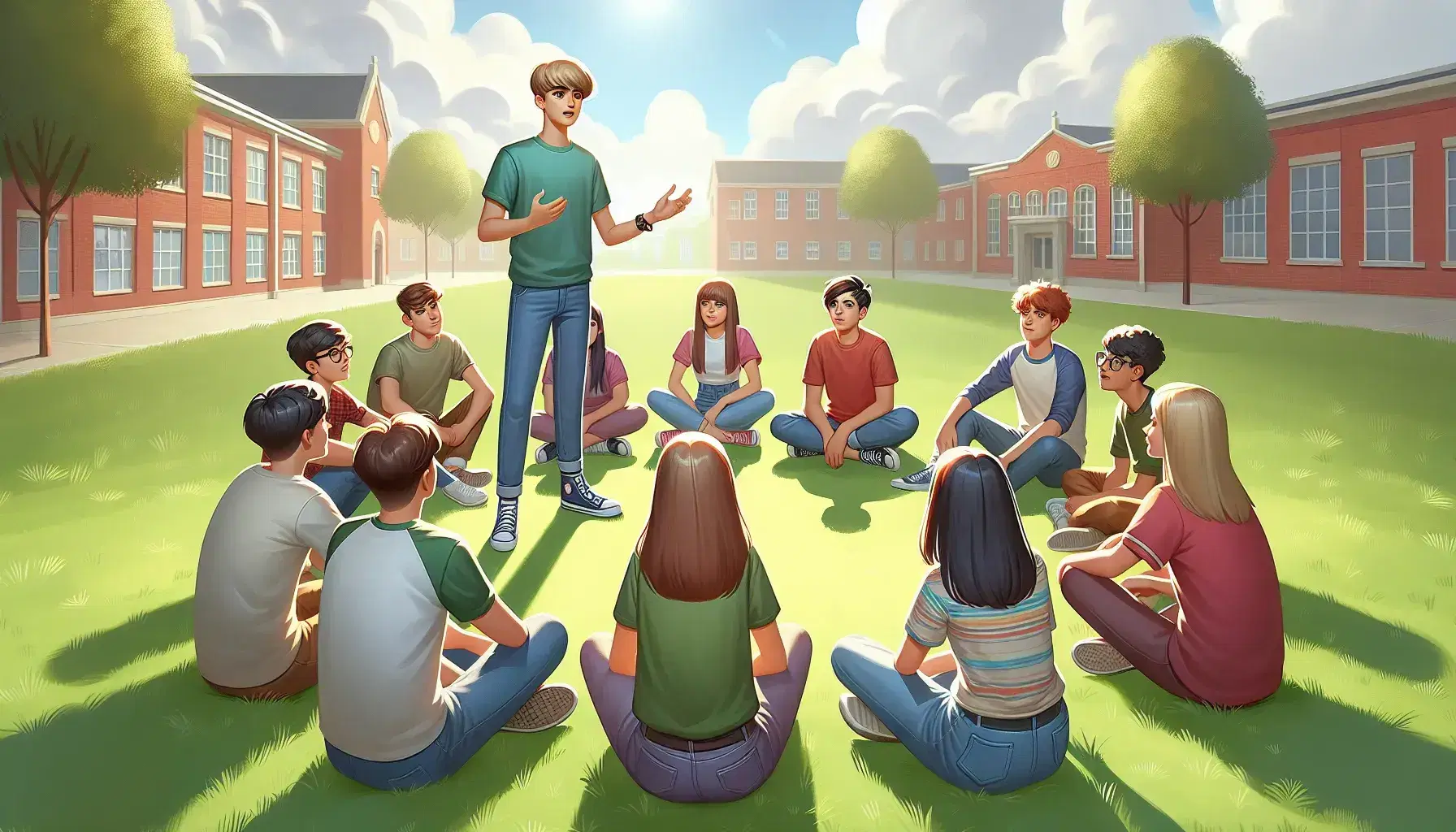 Grupo de adolescentes sentados en círculo en césped verde con uno de pie en el centro hablando, bajo cielo azul con árboles y edificio escolar al fondo.