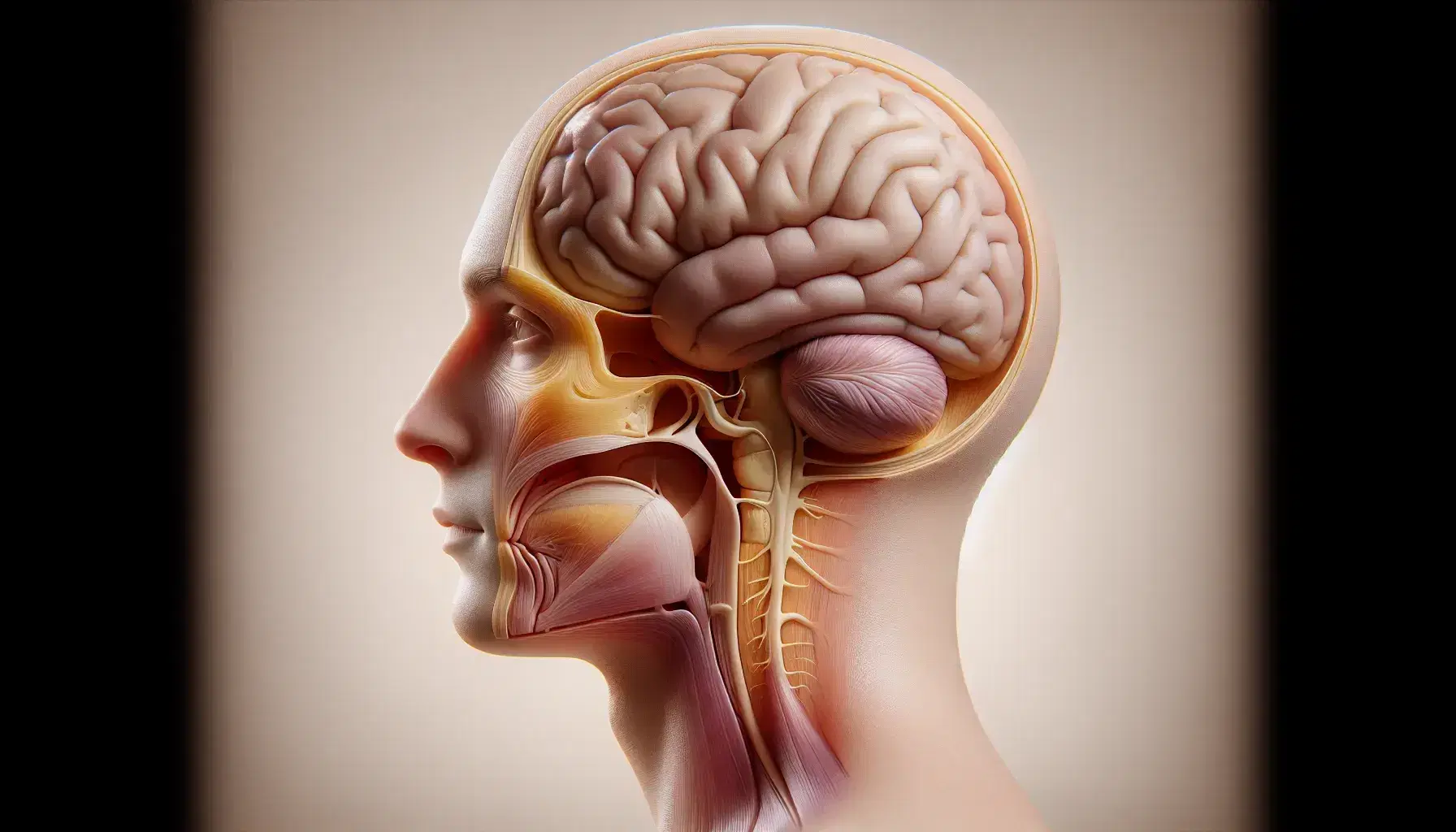 Sectioned lateral view of a human head showing the nasal cavity, yellow olfactory epithelium, purple olfactory bulb and detailed brain.