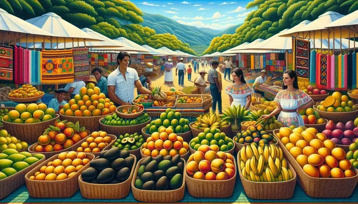 Mercado al aire libre en Colombia con frutas tropicales en primer plano, artesanías locales y visitantes bajo un cielo azul con montañas al fondo.