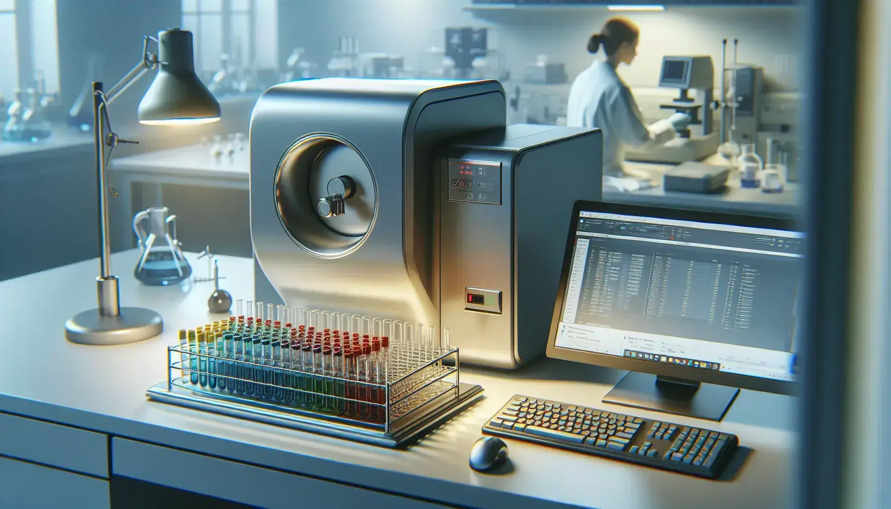 Science laboratory with modern mass spectrometer in the center, colored test tubes on transparent stand and safety glasses on the right.