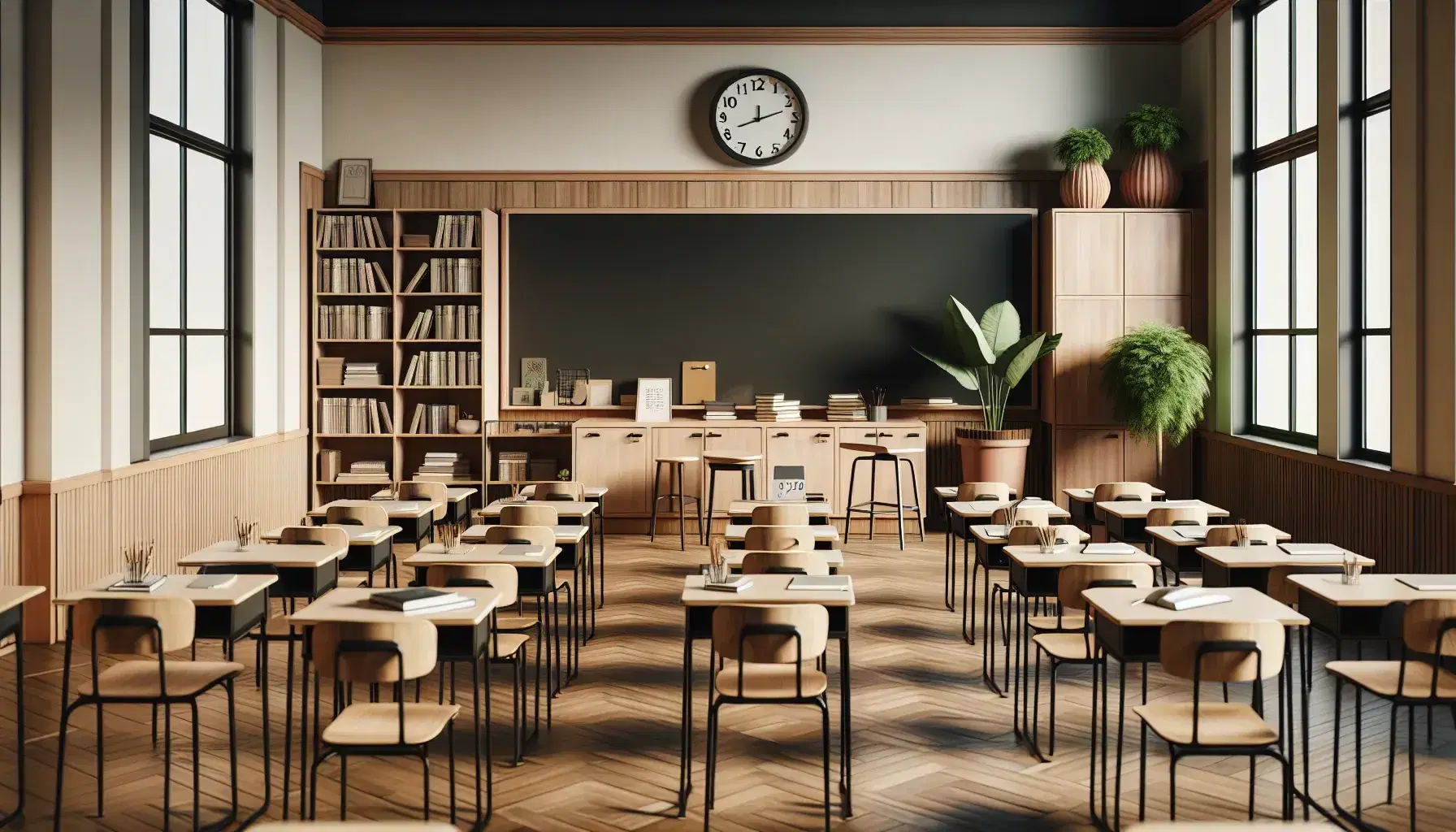 Aula escolar iluminada con filas de pupitres de madera, pizarra negra al frente, ventana grande, planta verde y estantería con libros.