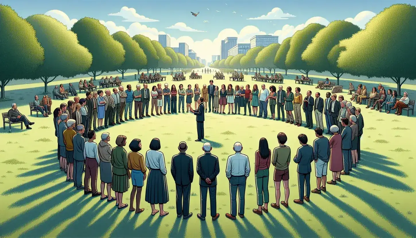 Grupo diverso de personas en reunión al aire libre en un parque, con un líder hablando en el centro, rodeado de árboles y césped bajo cielo azul.