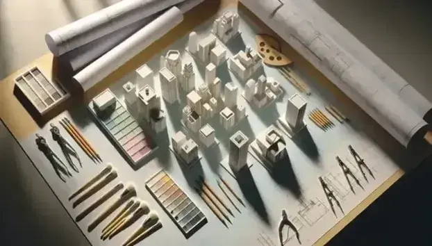 Mesa de trabajo de arquitectura con maquetas en blanco y gris, reglas metálicas, paleta de colores pastel, pinceles y planos técnicos parcialmente desenrollados.