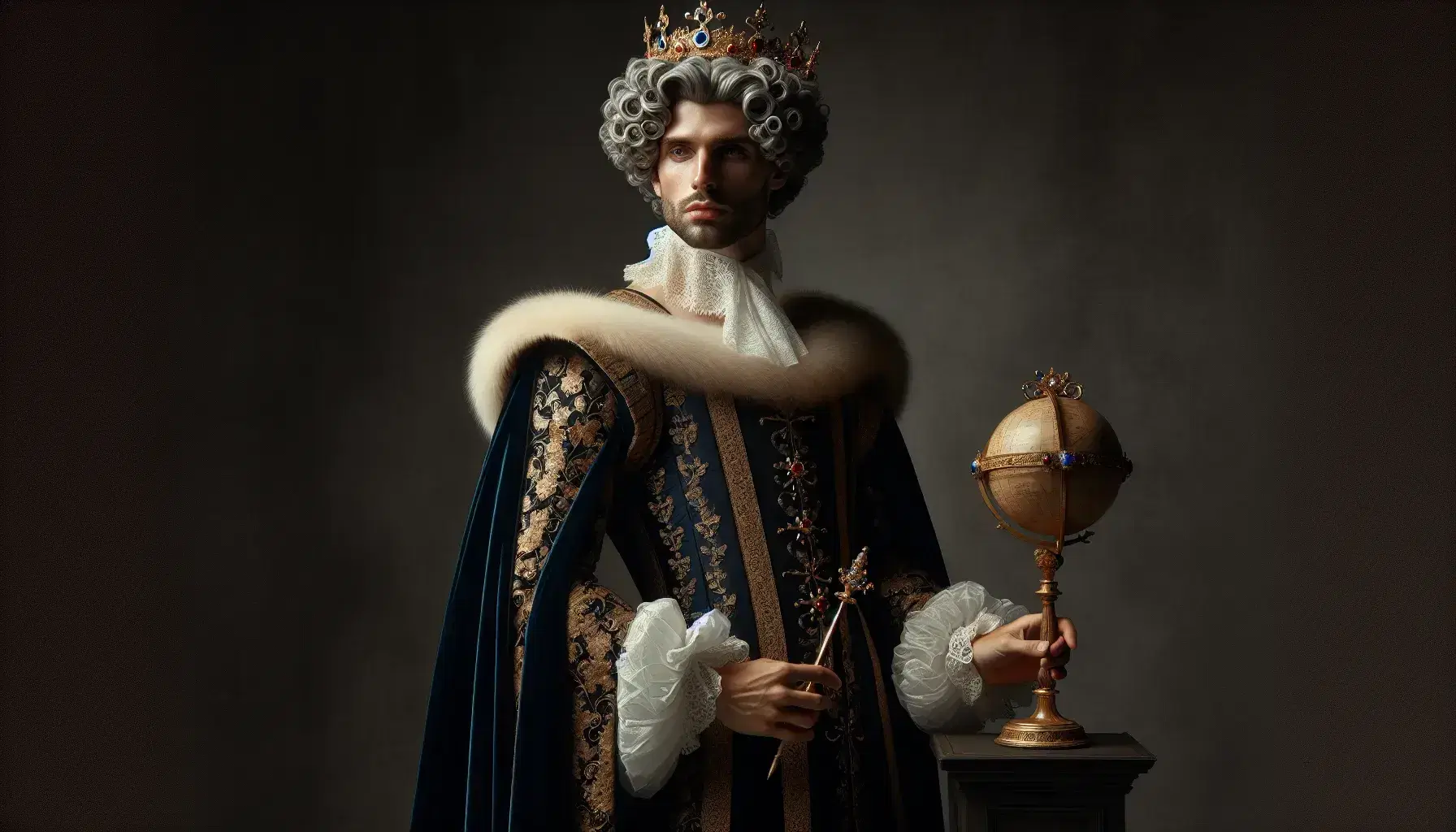 Ritratto uomo rinascimentale in abiti regali, mantello blu velluto e pelliccia, corona gemmata, con globo d'oro e scettro.