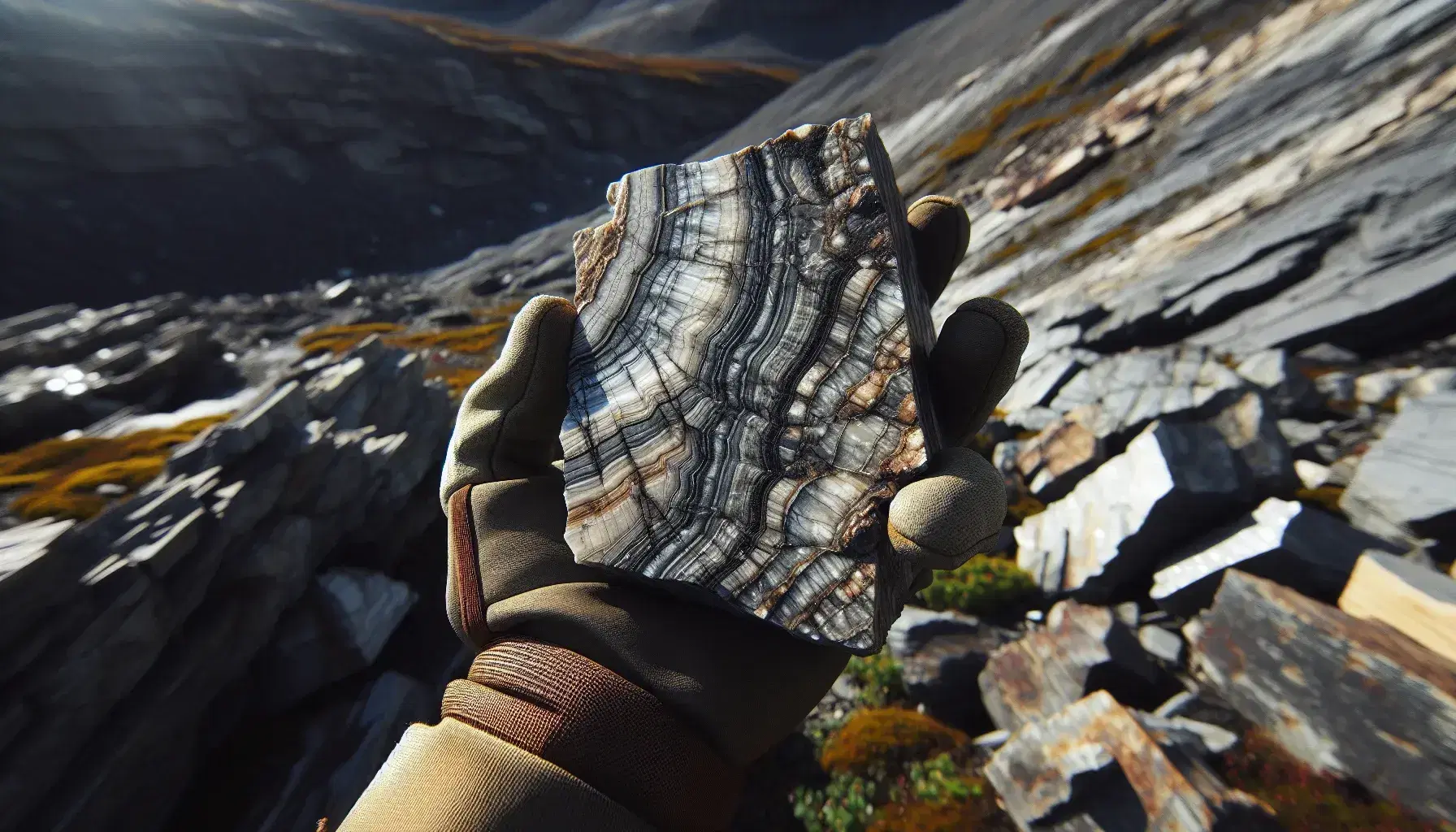 Mano con guante sosteniendo roca metamórfica con foliación y bandas de colores grises, blancos y negros, en un terreno rocoso iluminado por el sol.