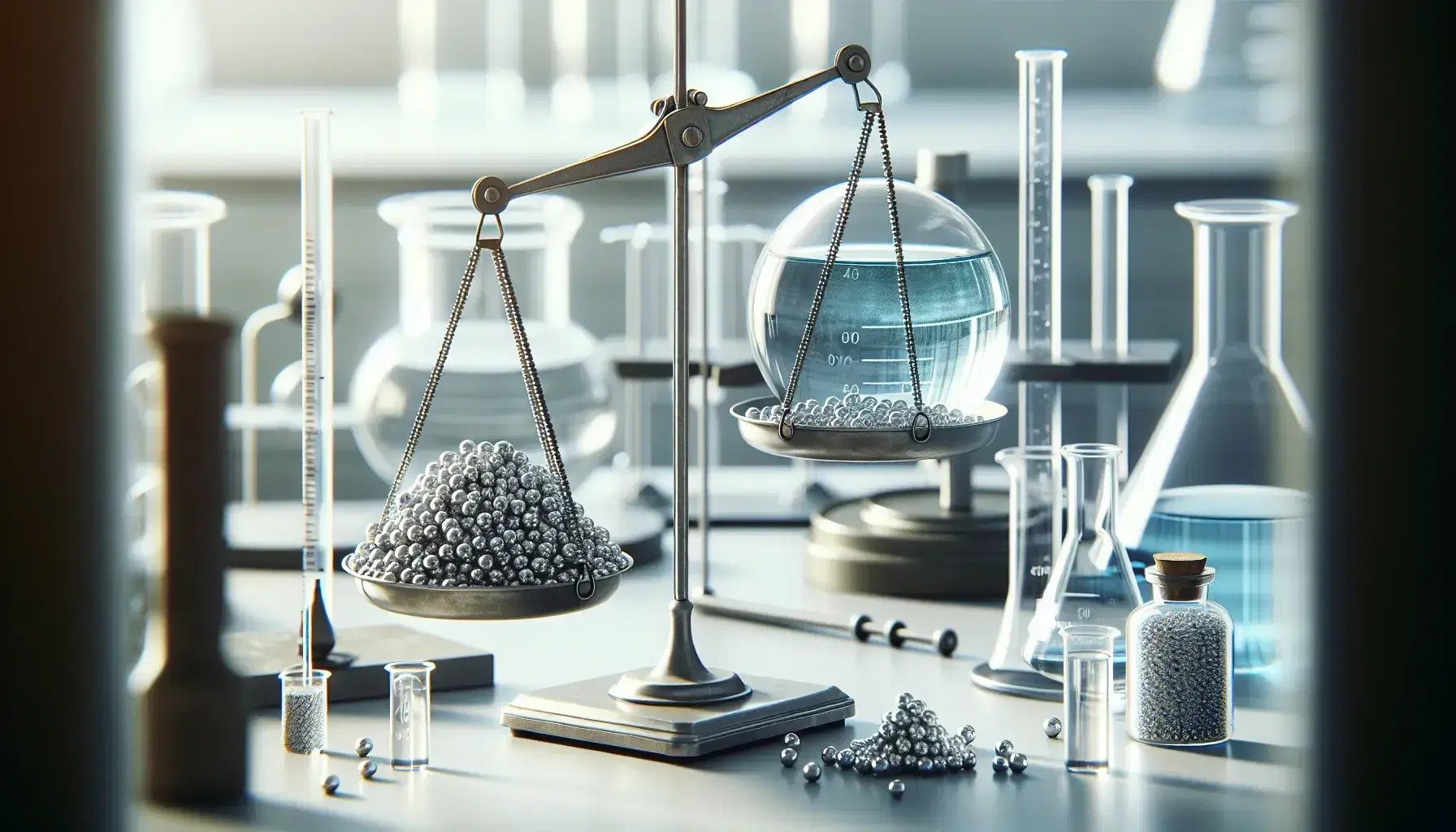 Two-pan balance in the foreground with metal spheres on one pan and flask with blue liquid on the other, laboratory equipment and mortar with powder in the background.