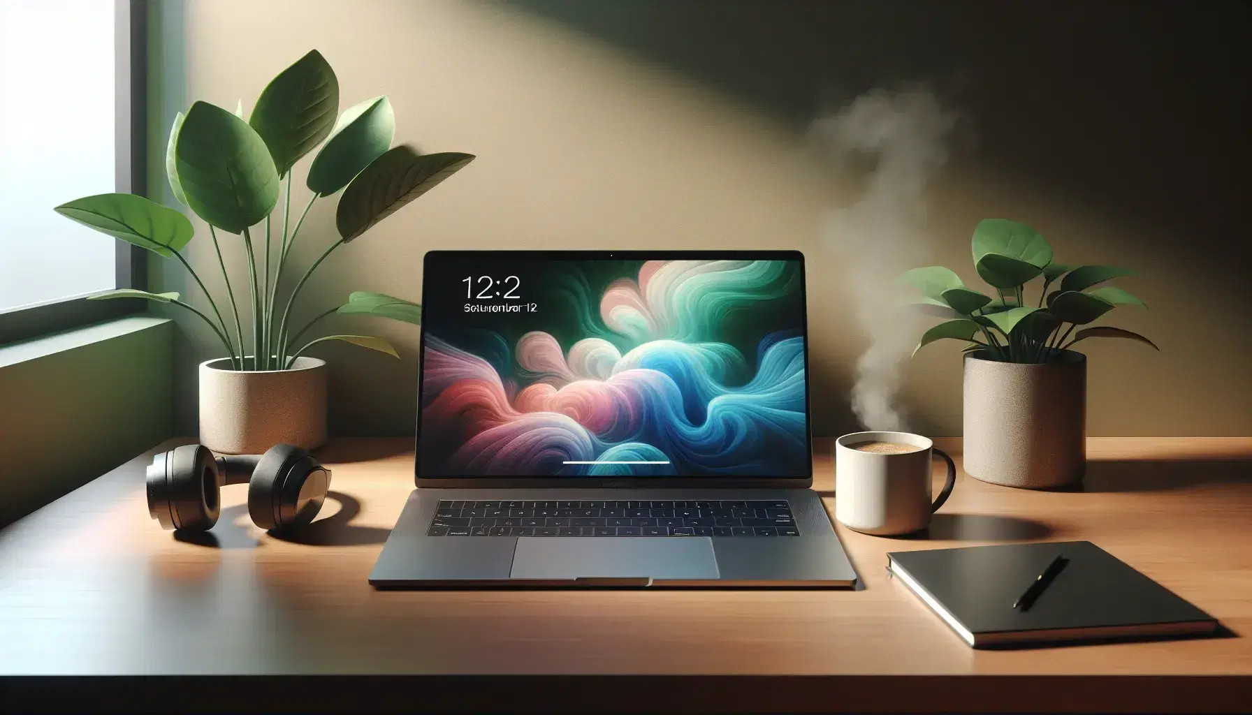 Organized wooden desk with turned on laptop, steaming cup of coffee, black headphones and green plant in a bright and studied environment.