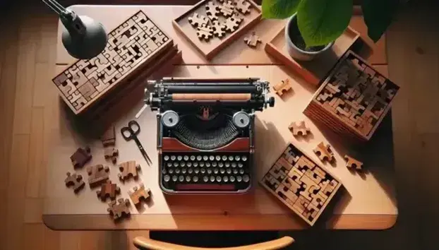 Wooden desk with vintage typewriter and partially assembled intricate wooden puzzle, blurry green plant in background.