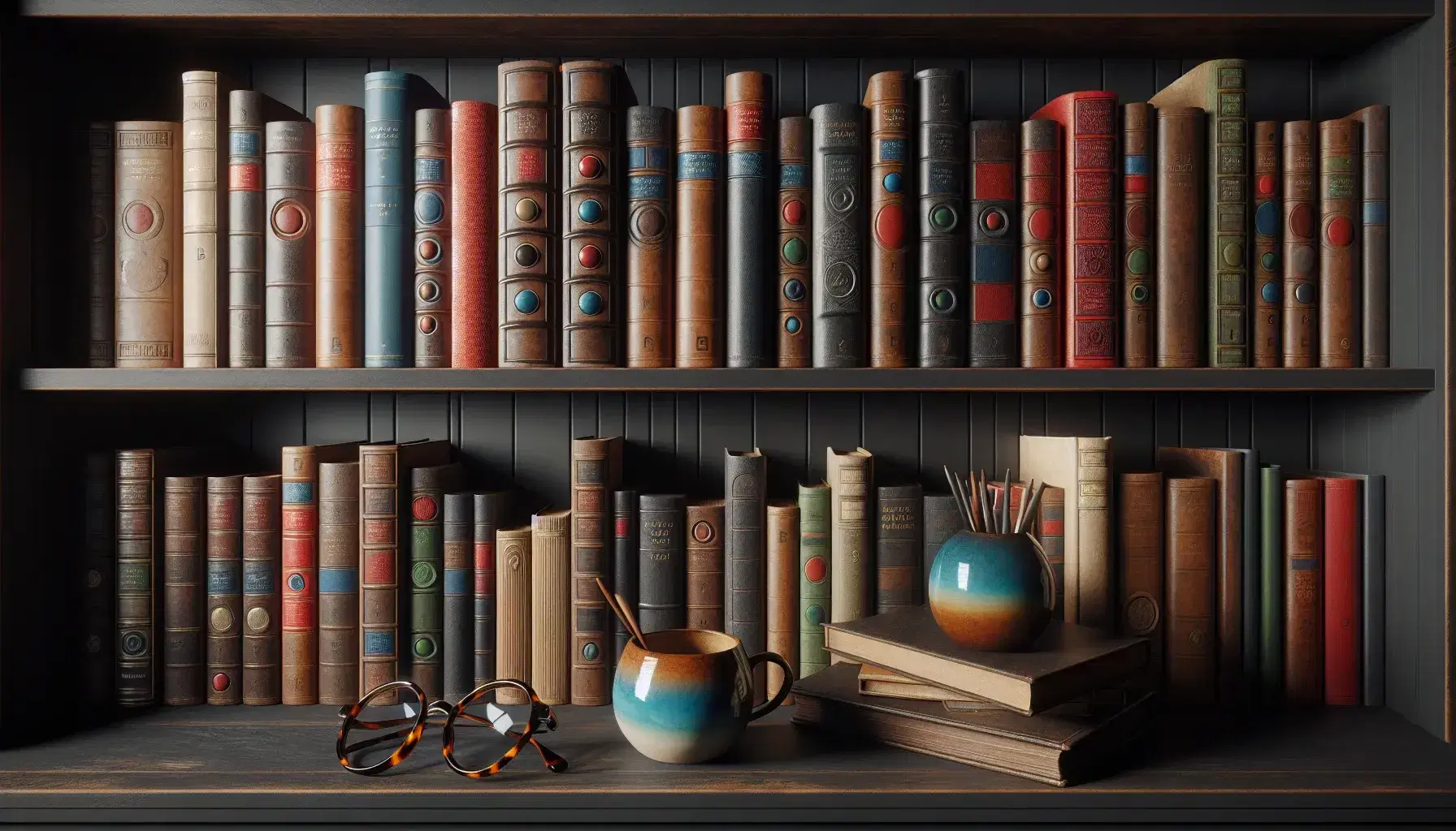 Estantería de madera oscura repleta de libros con lomos de colores variados, gafas de carey y taza humeante, creando un ambiente acogedor.