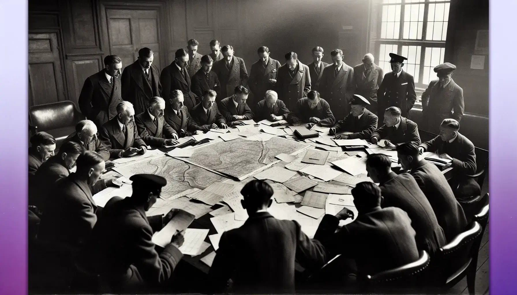 Gruppo di persone in abiti formali degli anni '40 lavora su carte e mappe su un grande tavolo in una sala riunioni.