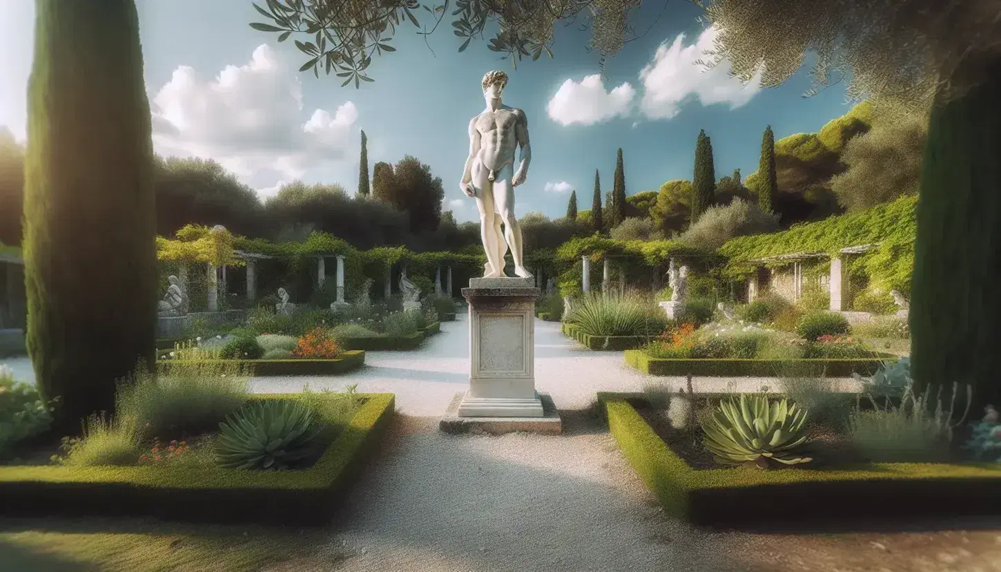 Statua greca antica in marmo di figura maschile nuda su piedistallo in giardino rigoglioso con sentiero ghiaiato e cielo azzurro.