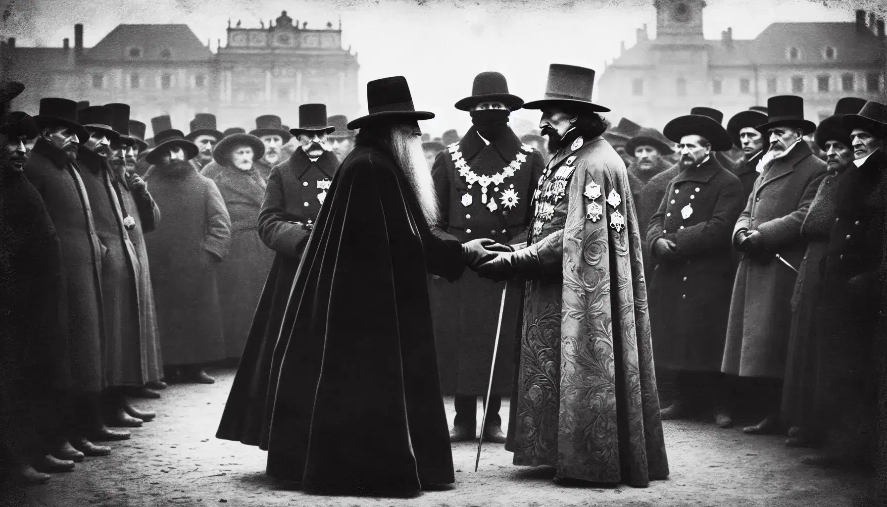 Uomo in lungo cappotto e cappello stringe la mano a militare decorato in ambiente esterno, con sfondo di edifici e persone che osservano.