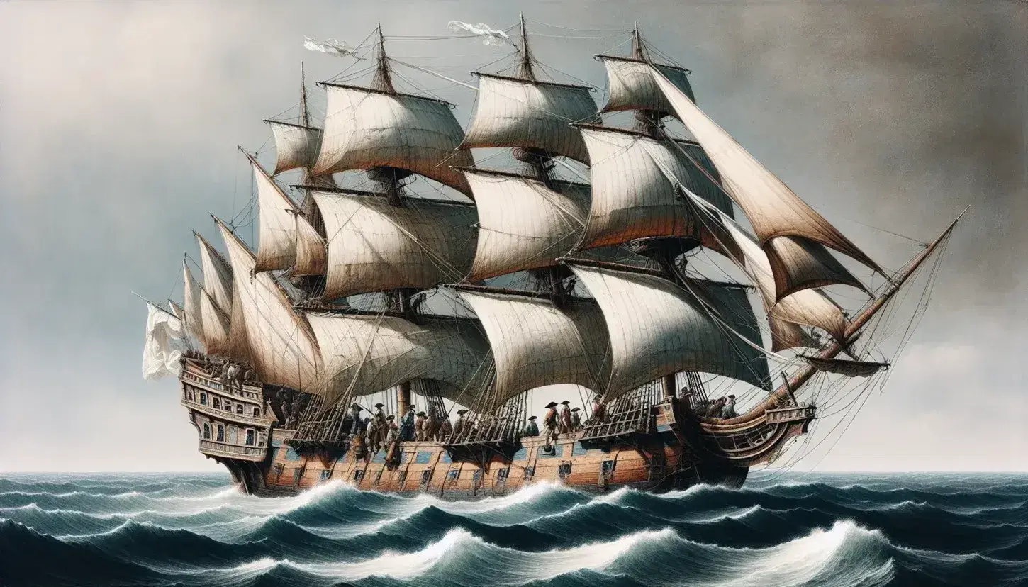 Three-masted wooden sailing ship with white sails on the open sea, sailors in period attire navigate under a blue sky with scattered clouds.