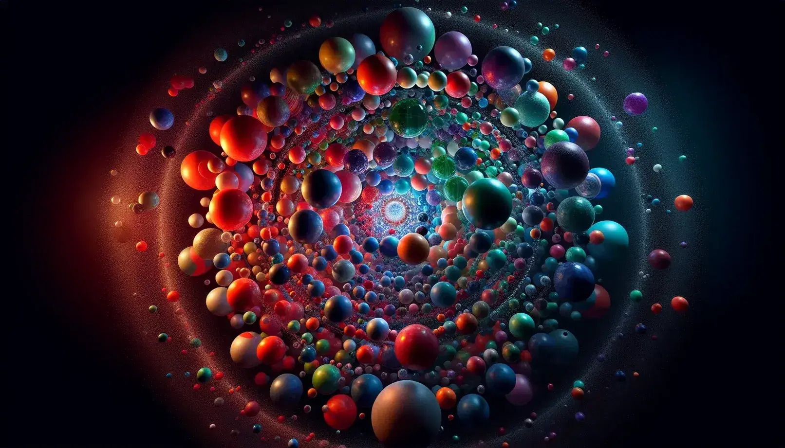 Struttura tridimensionale di sfere colorate che ricorda una molecola, con sfere rosse centrali luminose e sfere orbitanti in tonalità fredde su sfondo nero.