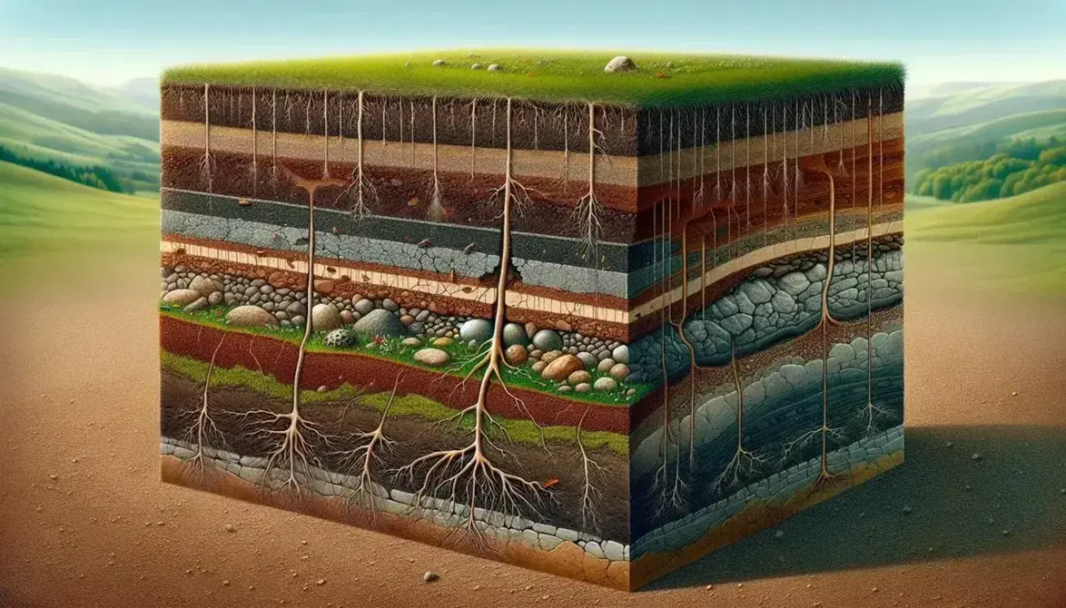 Sezione trasversale del terreno che mostra strati di erba, humus, suolo, sottosuolo e roccia madre con luce naturale.