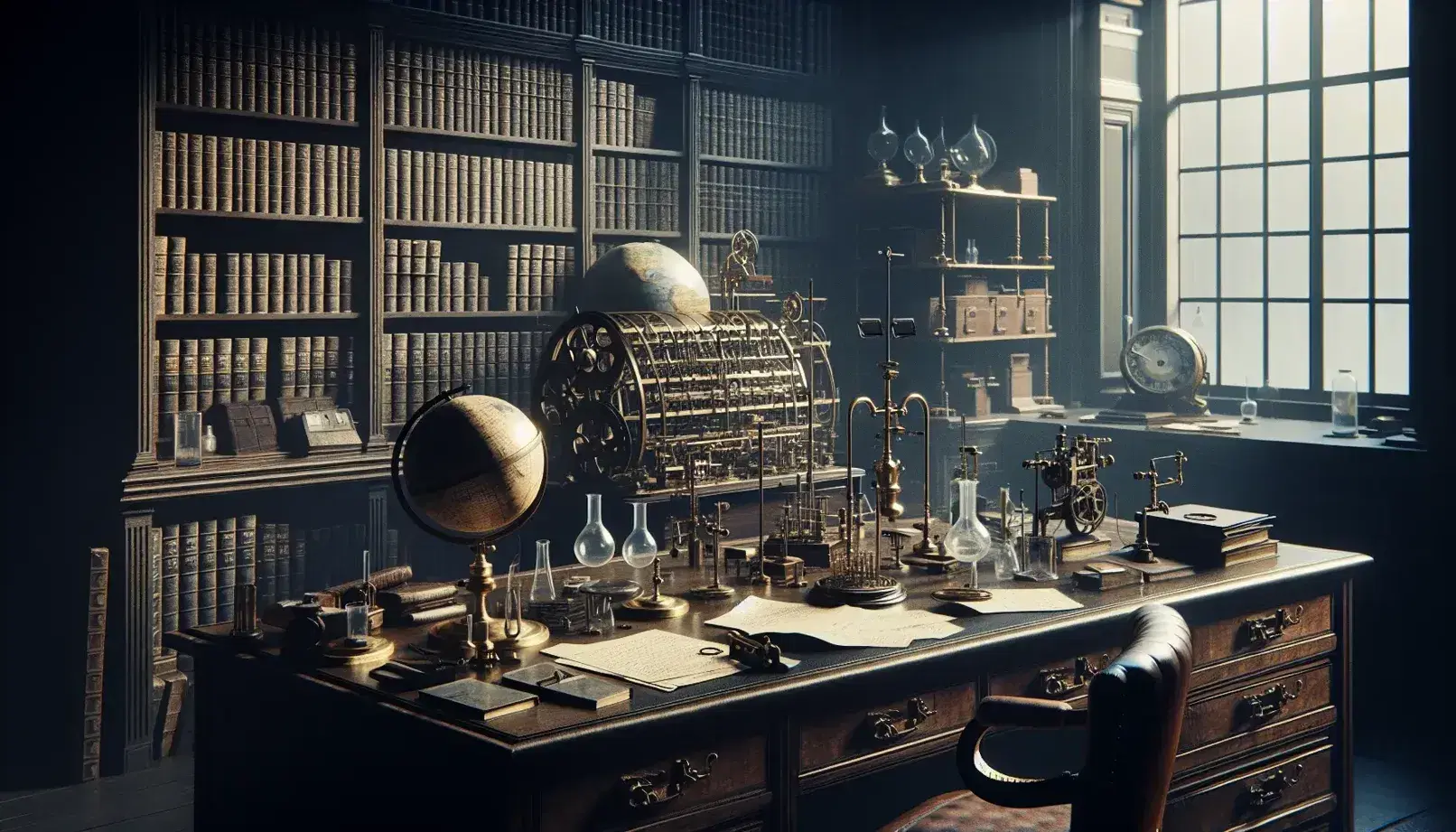 Early 20th-century office with scientific instruments on a desk, antique stock ticker, leather-bound books, and a globe, evoking a historical ambiance.