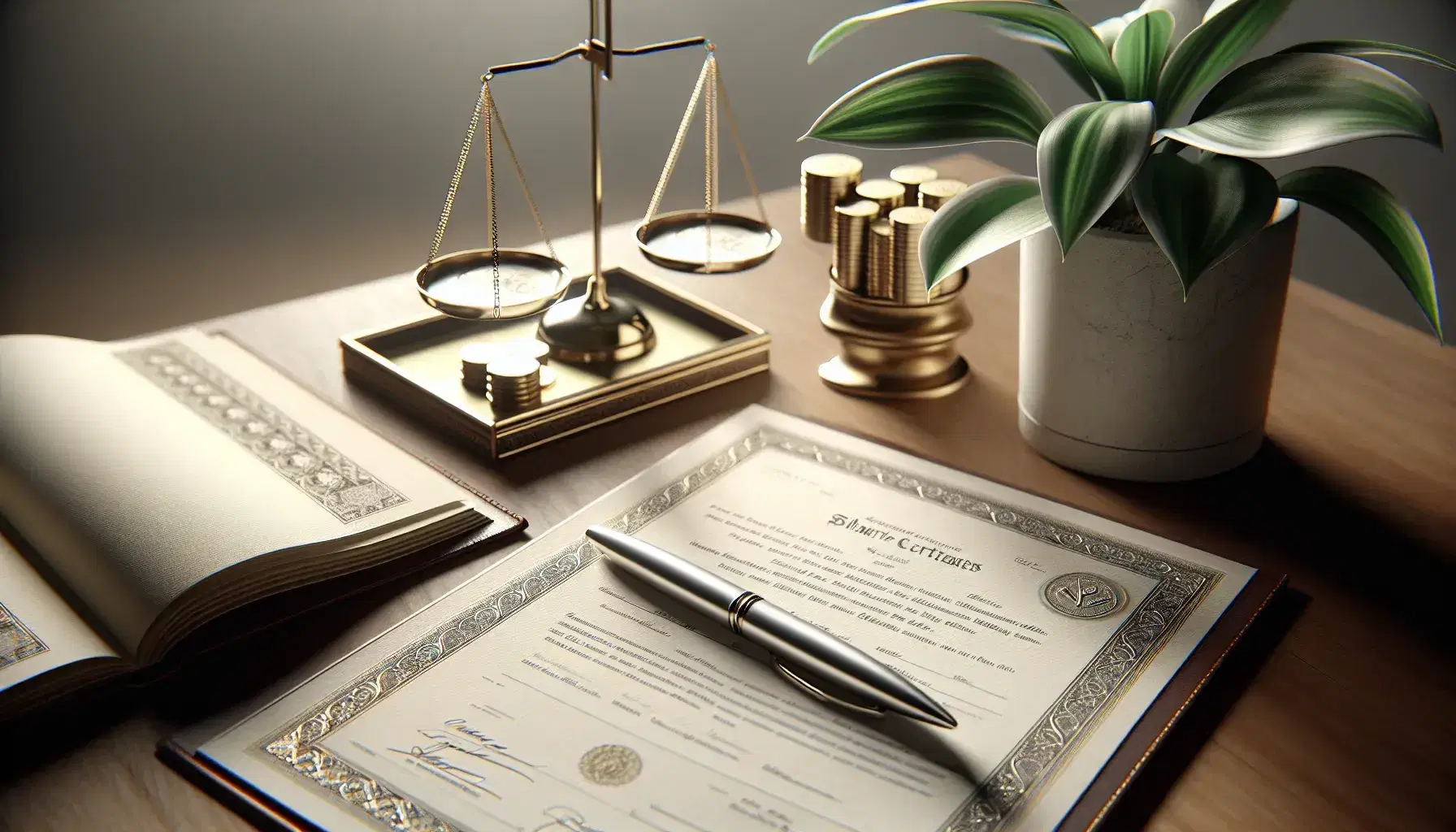 Elegant office desk with watermark-design share certificates, a silver pen on a leather ledger, a golden scale with coins, and a background potted plant.