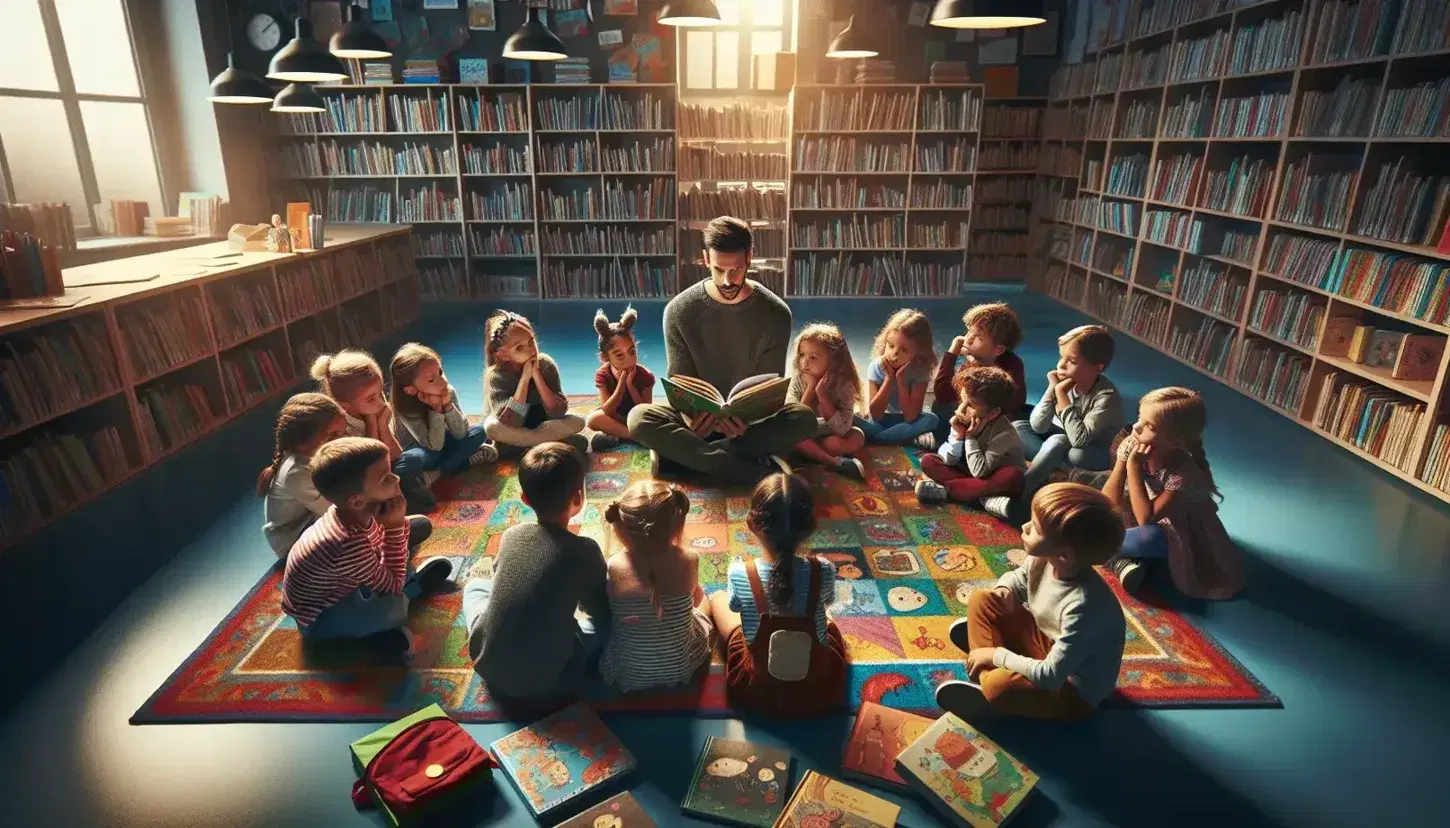 Niños atentos en una biblioteca escuchan a un adulto leer un libro colorido, sentados en una alfombra con estantes de libros al fondo.