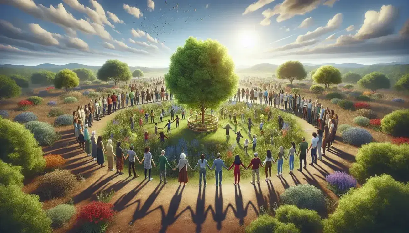 Grupo diverso de personas unidas de la mano alrededor de un árbol joven en un parque soleado, simbolizando unidad y cooperación bajo un cielo azul.
