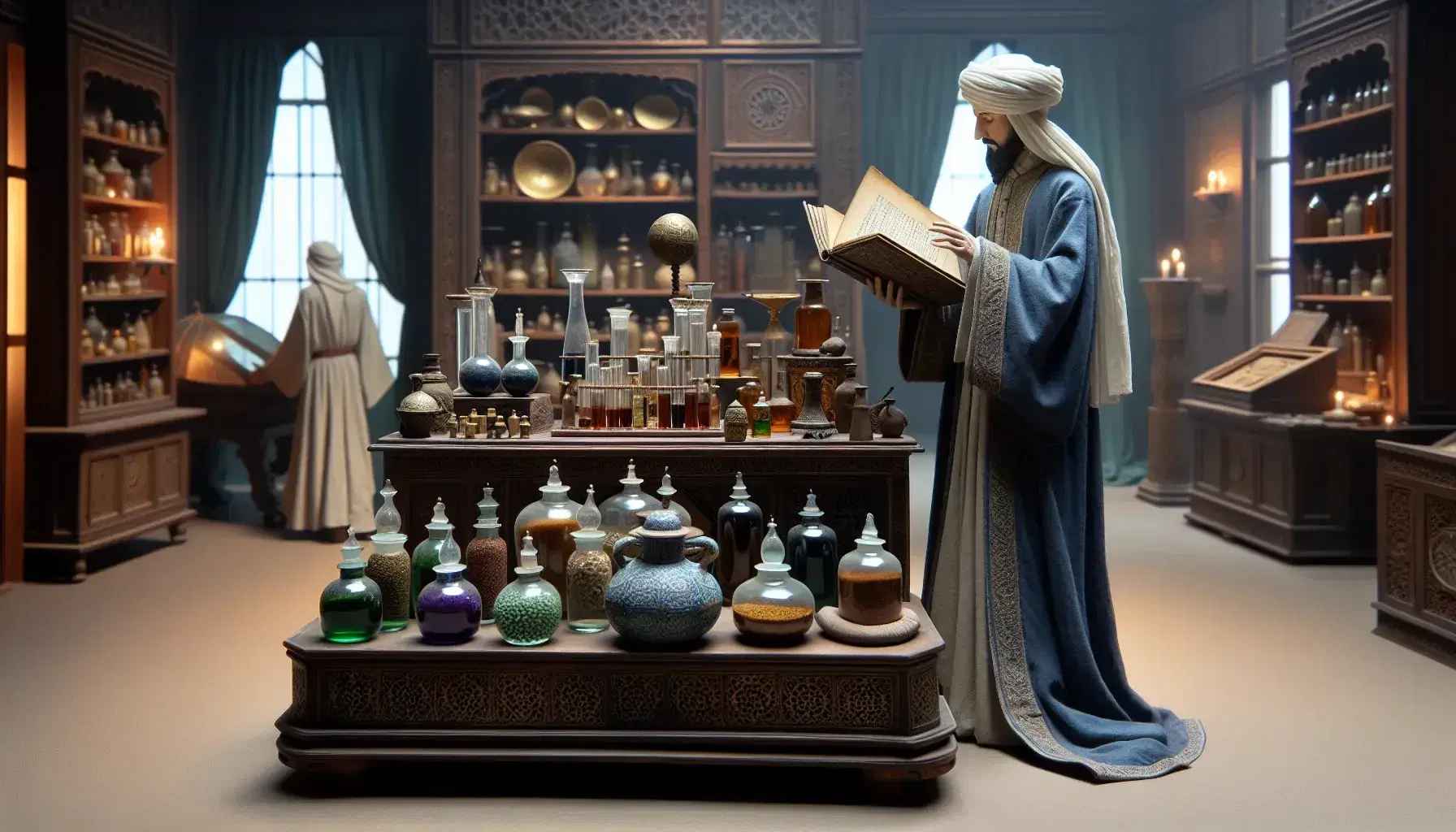 Historical Islamic medical scene reenactment with a robed figure behind a desk of herbs and liquids, another with a book, and a brass astrolabe.