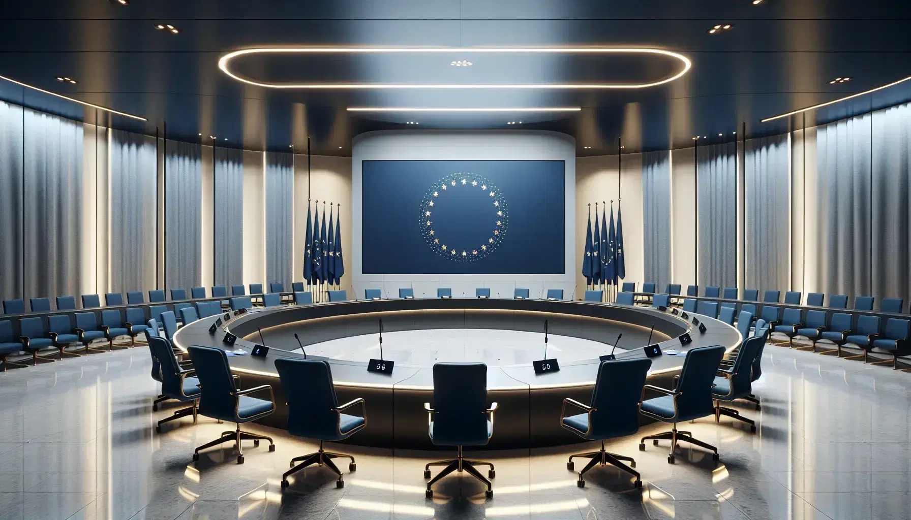 Sala de conferencias moderna y espaciosa con mesa semicircular, sillas altas azules, micrófonos, sistemas de votación y pantalla grande, iluminada y preparada para un evento.