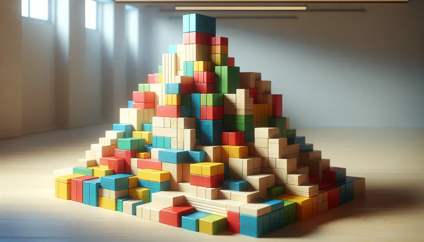 Blocchi di legno colorati impilati a formare una torre, con ombre morbide su superficie chiara, senza simboli visibili.