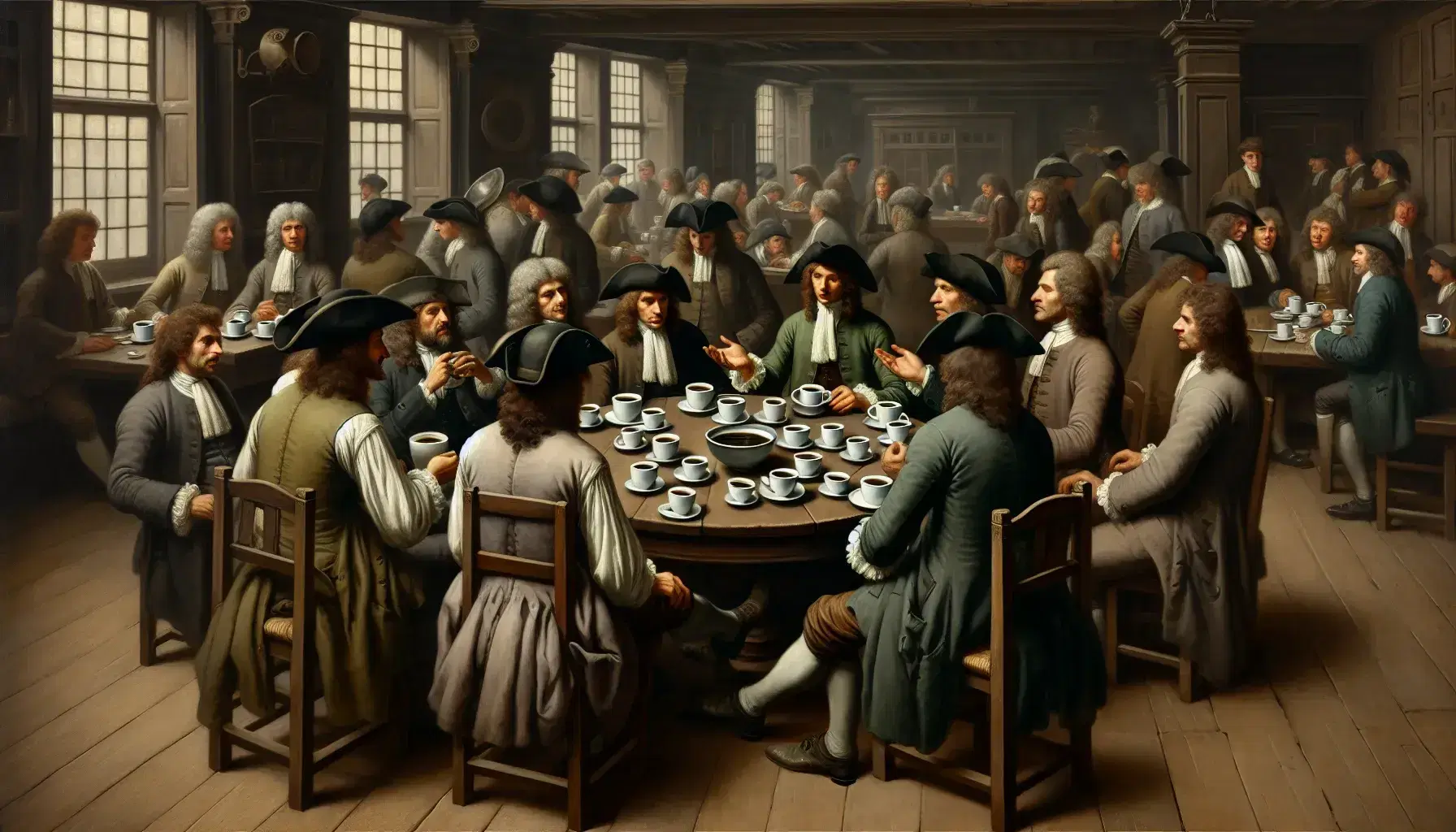 17th-century coffee house interior with men in waistcoats and tricorn hats engaging in conversation around a table with porcelain cups.