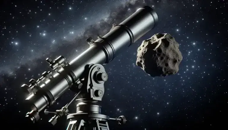 Metallic telescope on tripod pointing at starry night sky with detailed rocky asteroid in foreground.