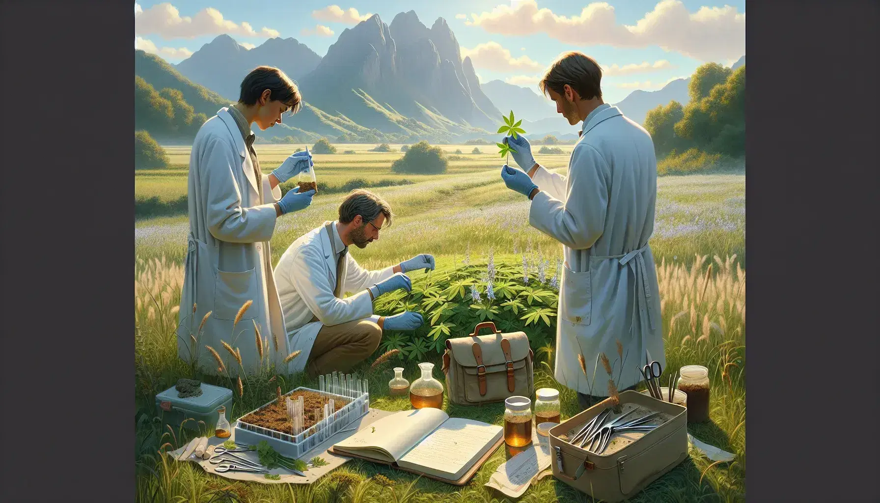 Grupo de tres científicos en campo verde realizando estudios de flora y toma de muestras de suelo con montañas al fondo.
