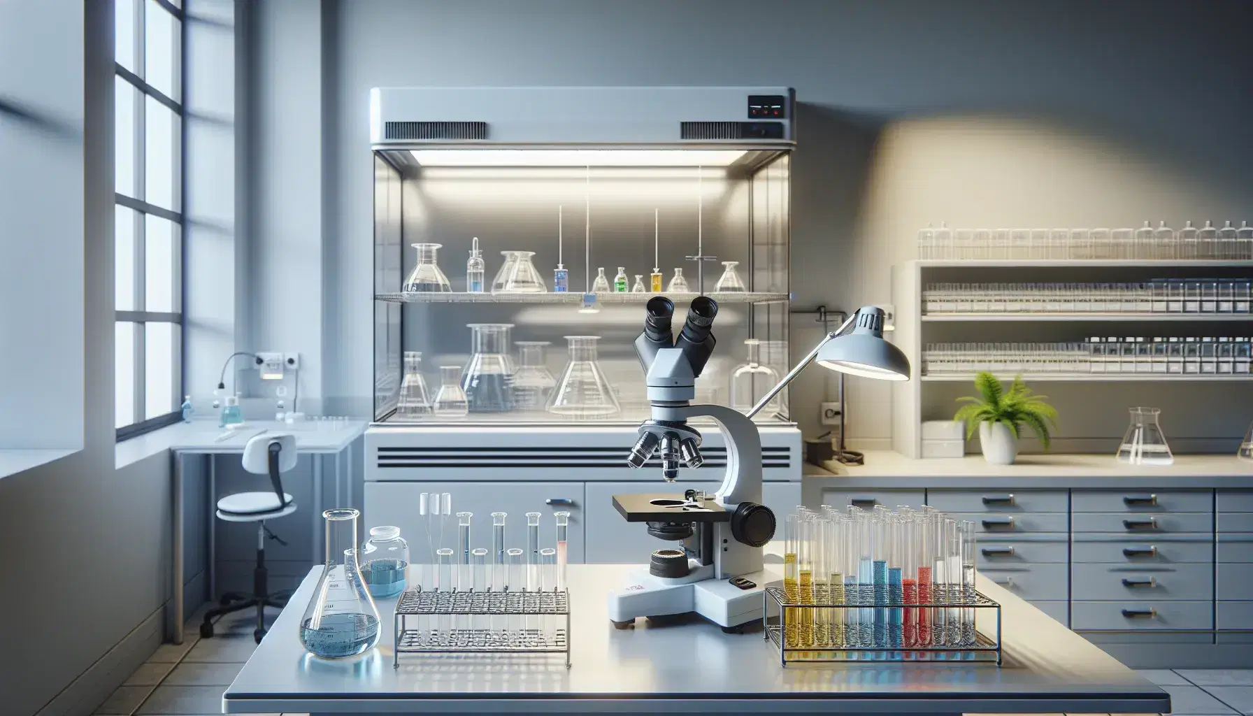 Laboratorio científico con microscopio, tubos de ensayo con líquidos de colores y campana de flujo laminar, reflejando bioseguridad ambiental.