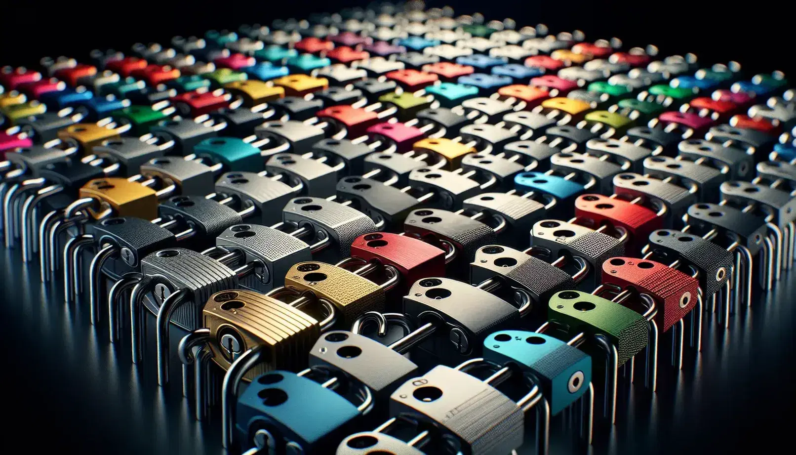 Close-up of a collection of colorful padlocks on a black surface, arranged in a grid, with no visible keys, soft shadows highlight details.