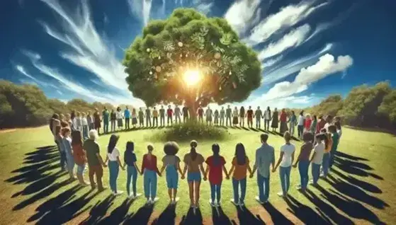 Grupo diverso de personas unidas de la mano en círculo alrededor de un árbol frondoso bajo un cielo azul, reflejando unidad y naturaleza.