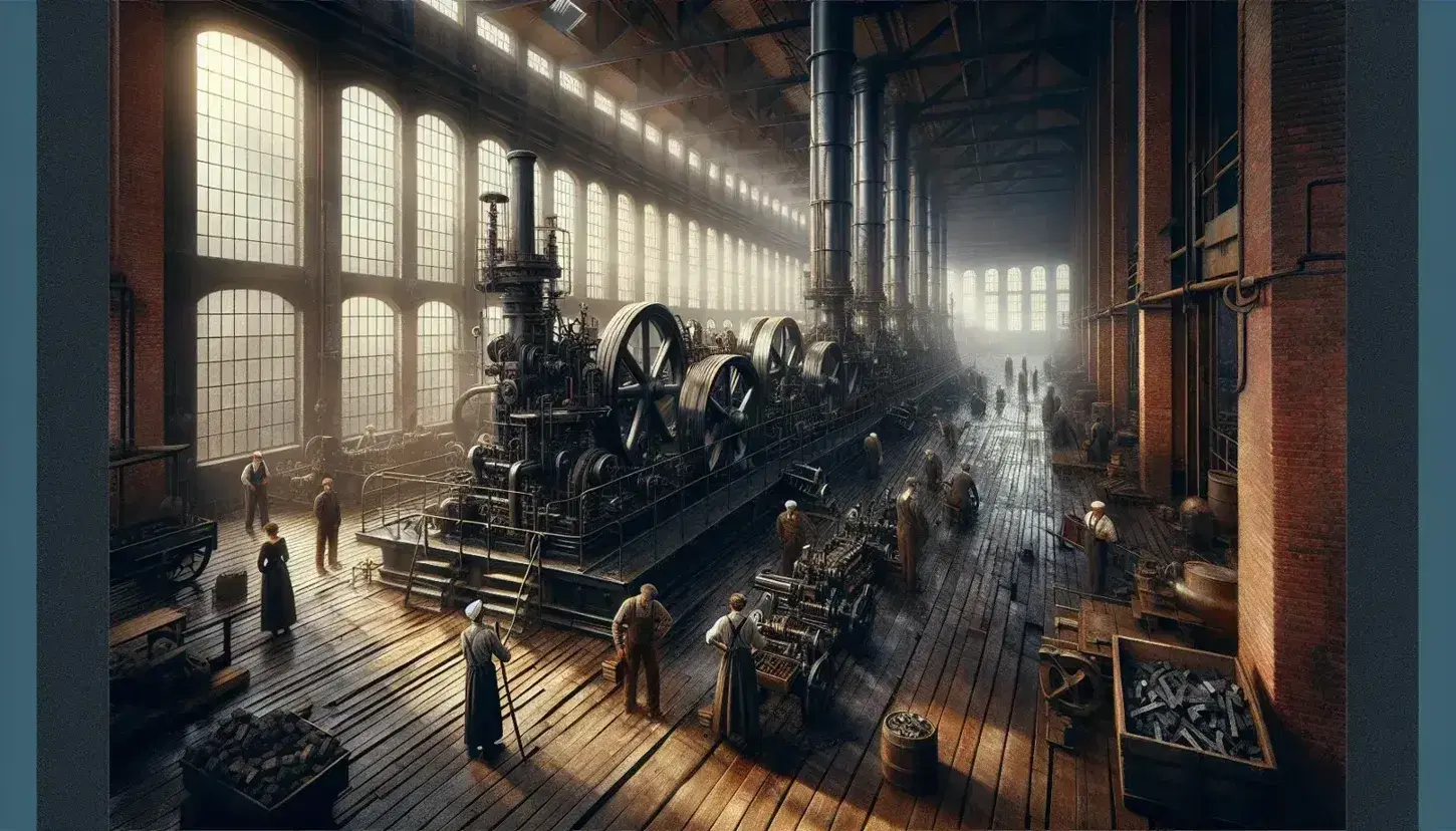 Fabbrica dell'epoca della Rivoluzione Industriale con operai, macchinari a vapore, ingranaggi e pavimento in legno sotto la luce naturale.